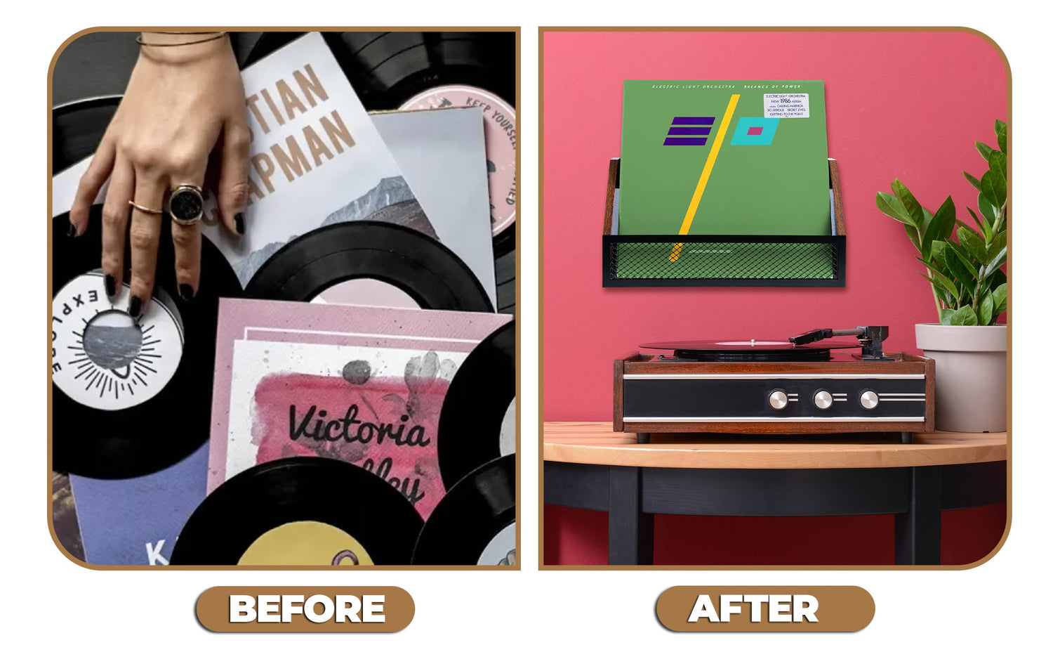 Before and after photos of storing vinyl records. First of a messy collection of vinyl records, the second phot of a vinyl record shelf on a wall above a vinyl record player