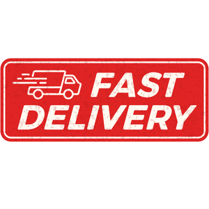 A red logo with a fast looking truck and words fast delivery