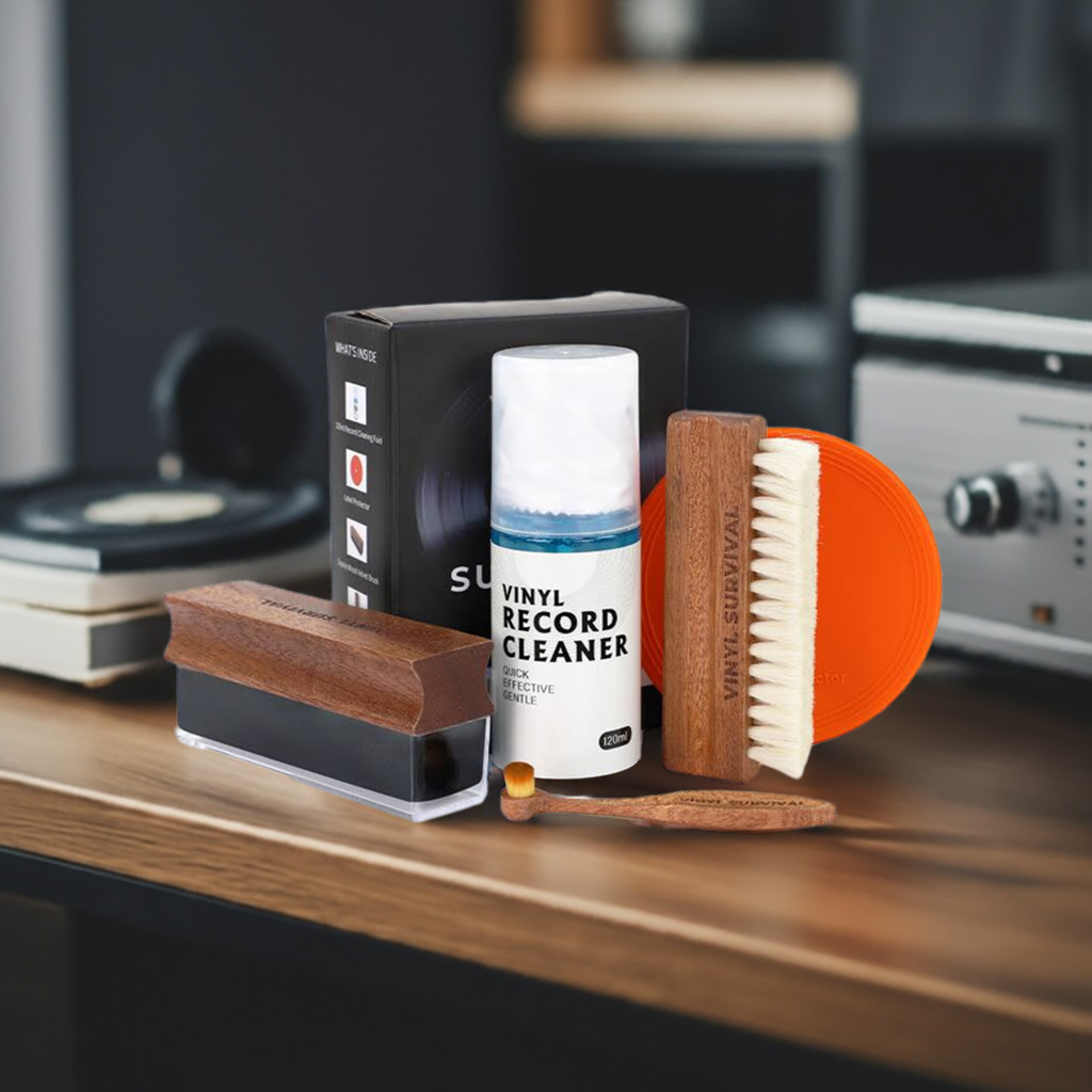 All components of the vinyl survival LP cleaning kit shown a table next to a record player