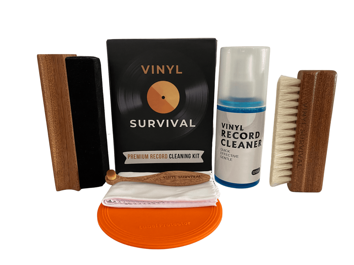 The vinyl survival record cleaning kit items: velvet brush, box, stylus brush, label protector, cleaning cloth, cleaning spray, goat hair brush.