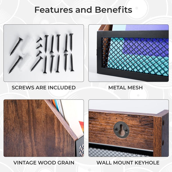 4 features of  Hamilton Max record shelf are screws included, metal mesh, vintage wood grain, wall mount keyhole