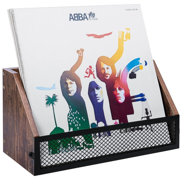 Vinyl record shelf with ABBA album displayed