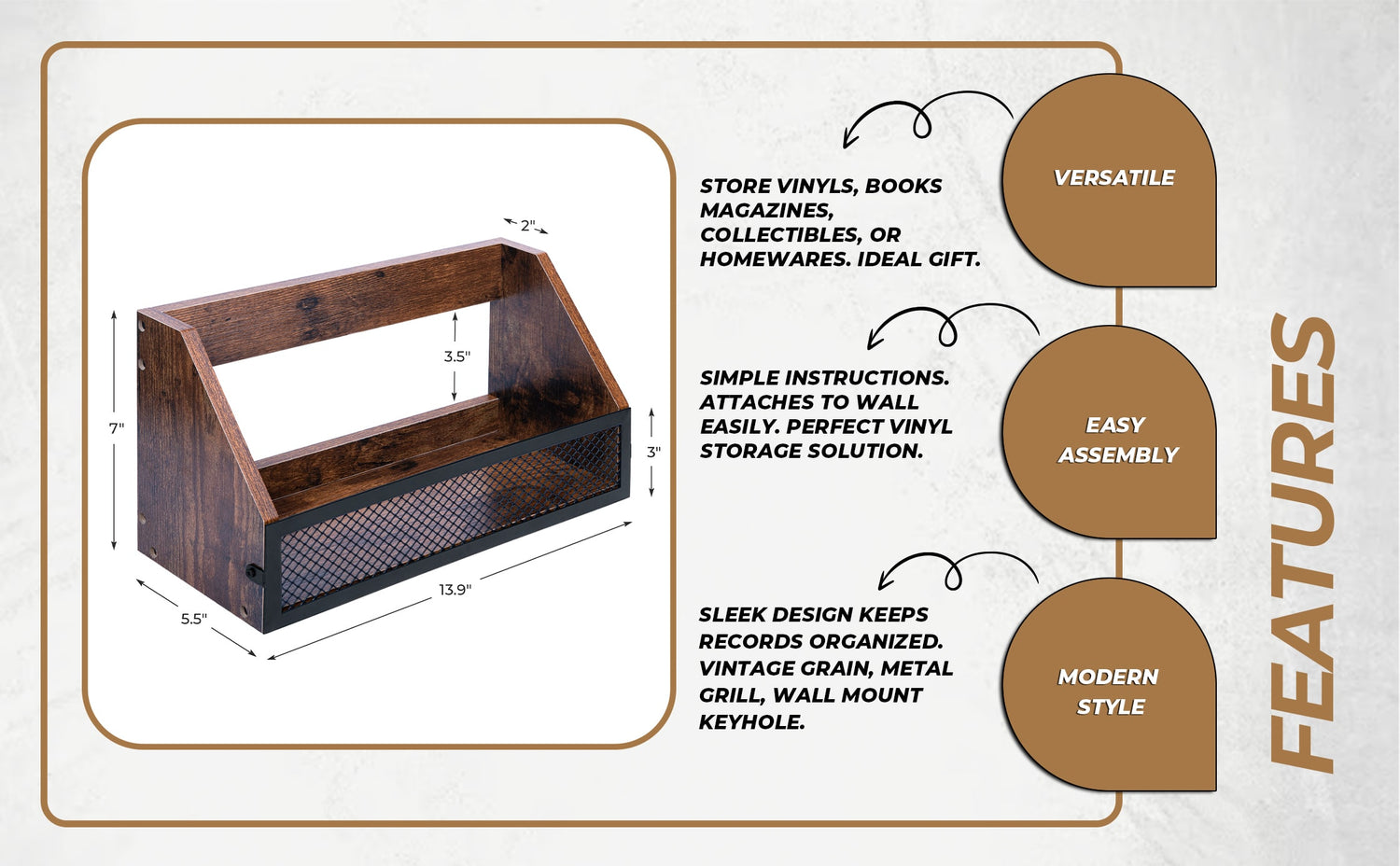 Three features of the hamilton max  vinyl record shelf. Versatile, easy assembly, and modern style.