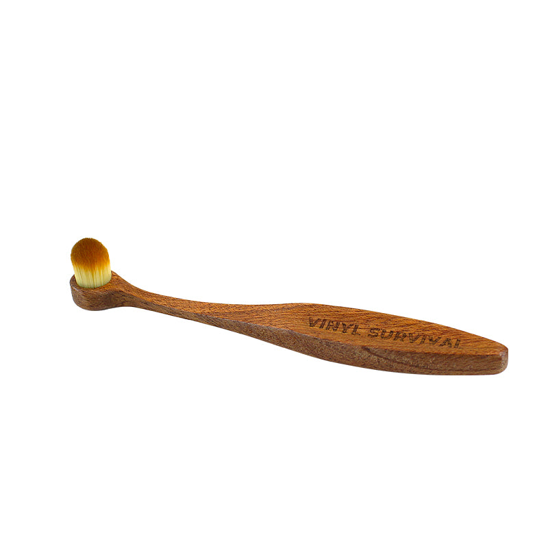 Sapele hardwood stylus cleaning brush with Vinyl Survival name itched on to it